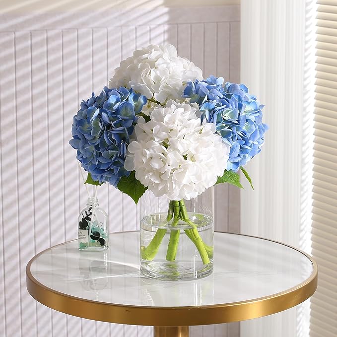 4Pcs Hydrangea Artificial Flowers, 22.44" Real Touch Latex Faux Hydrangea with Long Stems & Leaves for Home Office Decor or Wedding, Party, Centerpieces, Floral Arrangements (White&Blue)