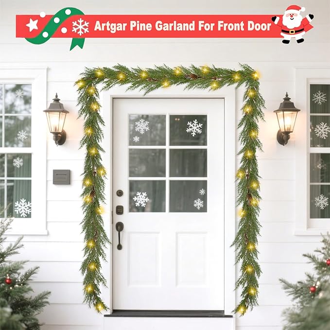 Artgar Christmas Cedar Garland, 6 Ft Realistic Pine Garland, Prelit Christmas Garland with 30 Warm Lights with 8 Light Modes for Mantels Stair Table Indoor Outdoor Winter Xmas Decor (Green)