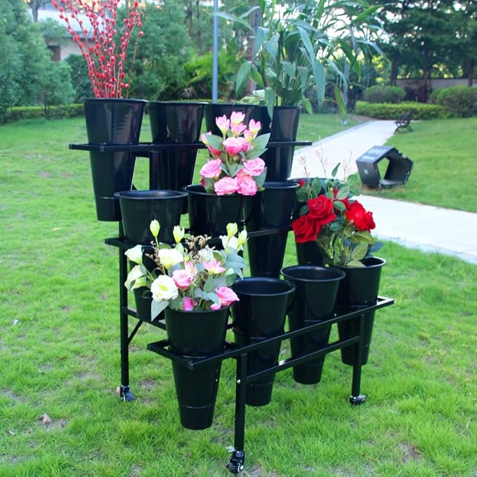 Zhongma 3 Tier Metal Flower Display Stand with 12pcs Plastic Buckets for Fresh Flowers Heavy Duty Garden Cart Moving Flower Bucket Stand with Wheels