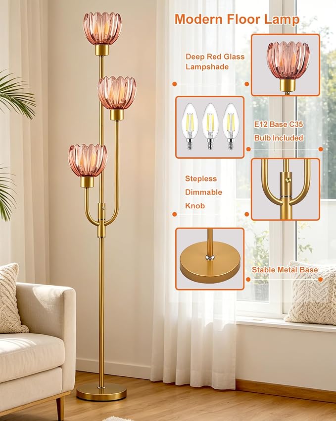 Lightdot 3-Lights Modern Glass Floor Lamp Gold Dimmable Floor Lamps with 3000K Warm White Bulbs for Wedding Party 66IN Tall Standing Lamp with Deep Red Glass Shade for Living Room/Bedroom/Home Decor