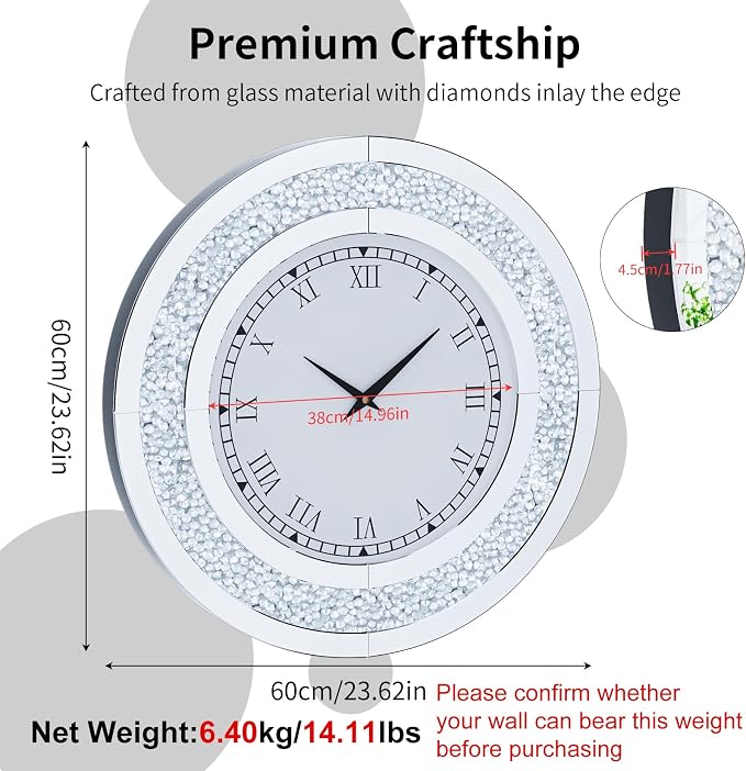 Crushed Diamond Wall Clock Round Decorative Mirrored Clock 24 inch Silver