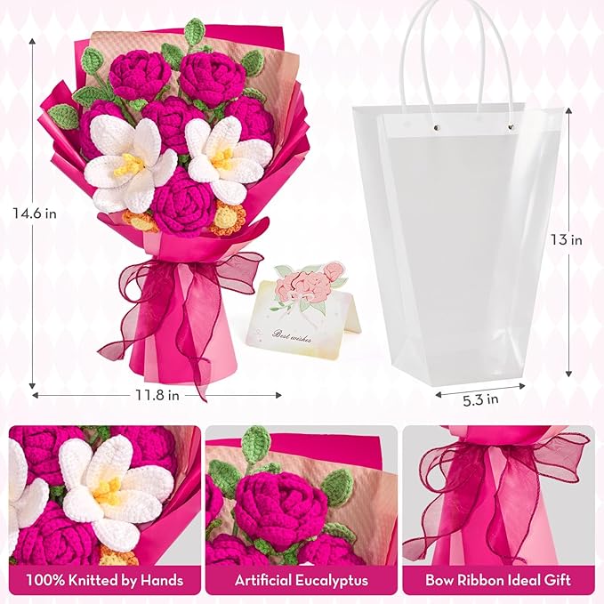 Alecono Crochet Flower Bouquet, Hot Pink Knitted Flowers, Crochet Tulip Rose Flower for Lover Anniversary Birthday Party Mother's Day Graduation Gifts (Include Card)