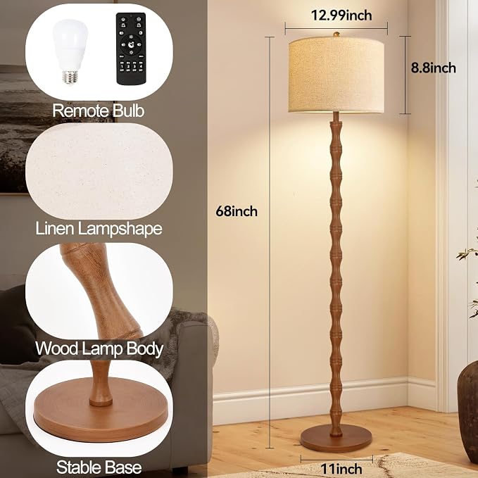 QIYIZM Wood Floor Lamp for Living Room,Bedroom,Vintage Standing Lamp with Remote Dimmable,Farmhouse Mid Century Tall Lamp Rustic Industrial Retro Floor Light Boho Bohemian