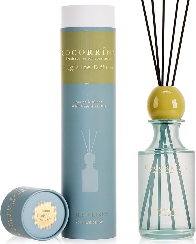 COCORRÍNA Fresh Linen Reed Diffuser 8.5 oz, Home Fragrance Oil Diffuser with 6 Reed Sticks, Long-Lasting Scent for Bathroom, Bedroom & Home Décor