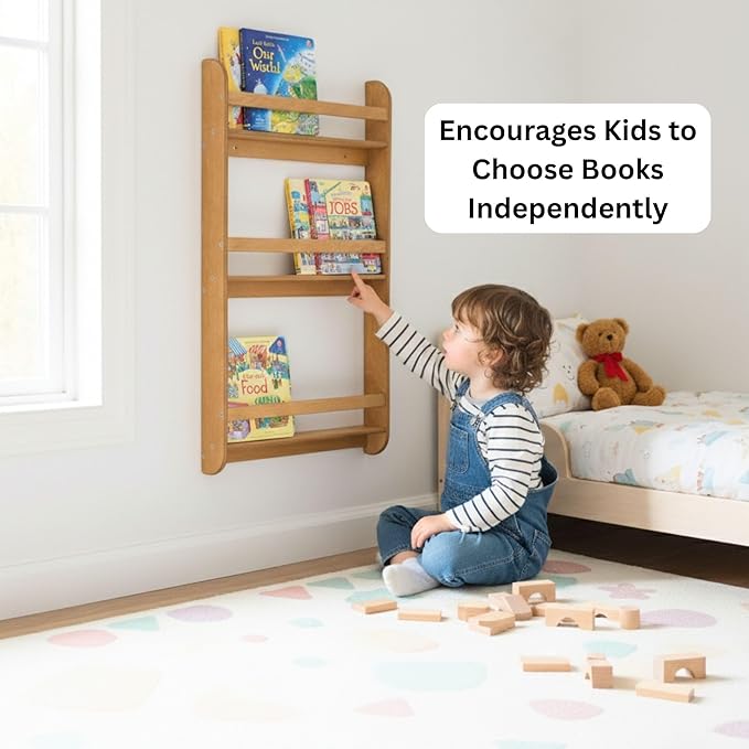 Montessori Wall-Mounted Bookshelf for Toddlers Toy Storage Shelf Organizer for Playroom and Classroom Floor Bookshelves for Kids Room (Oak, L, 3)