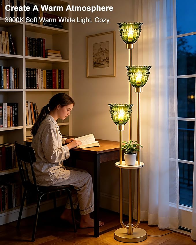 Lightdot 3-Lights Glass Floor Lamp for Living Room Modern Gold Floor Lamp with Green Glass Shade 3000K Bulbs Included Tall Standing Lamp with 5Lb Heavy Base for Bedroom/Sofa Corner Decor-Foot Switch