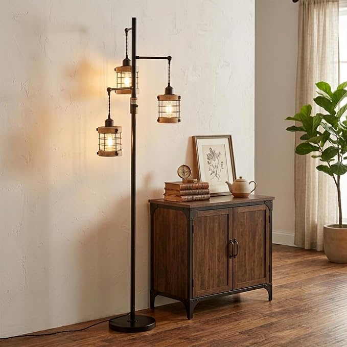 Vintage Wood Floor Lamp for Bedroom, Dimmable Floor Lamps for Living Room, Industrial Standing Lamp Farmhouse Tall Lamp for Office Home, Rustic Corner Floor Lamp Metal Black Pole Lamp