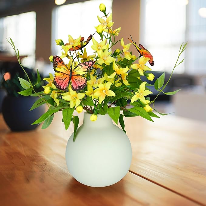HOSY Artificial Freesia Bouquet in Ivory Ceramic Vase, Silk Flower and Butterfly Arrangements for Table Centerpiece Decoration (Freesia)