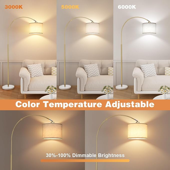 Ambimall Dimmable Arc Floor Lamp with Remote, Color Temperatures and Brightness Adjustable, Arched Floor Lamp with Rotating Head, Over Couch Arched Reading Light for Living Room (Marble Base)