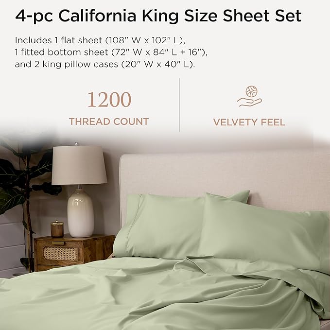 Threadmill Supima Cotton Sheets, 1200 Thread Count Soft 100% Cotton Sheets for Cal King Size Bed, 4 Pc Sage Green Cal King Bed Sheets Set, 5-Star Hotel Quality with Elasticized Deep Pocket King Sheet