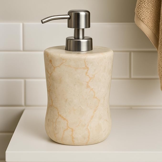 Creative Home Natural Marble Soap Dispenser with Stainless Steel Pump, Beige
