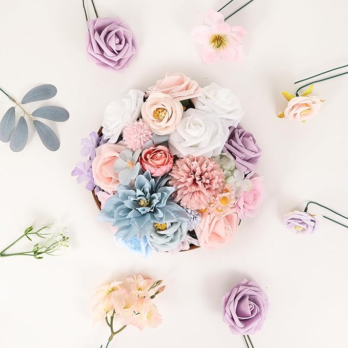 Artificial Flowers Combo Box Dusty Blue Pink Artificial Flowers for DIY Tables Centerpieces Baby Shower Bridal Shower Wedding Bouquet Party Decor