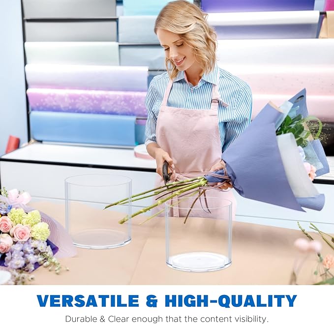 Flower Clear Plastic Vase Centerpiece for Home, Wedding Party, Clear Cylinder Wide Vase for Flowers, Decorative Wide Mouth Vase for Decor, Centerpieces, 6” × 6" Opening Round (Not Glass)