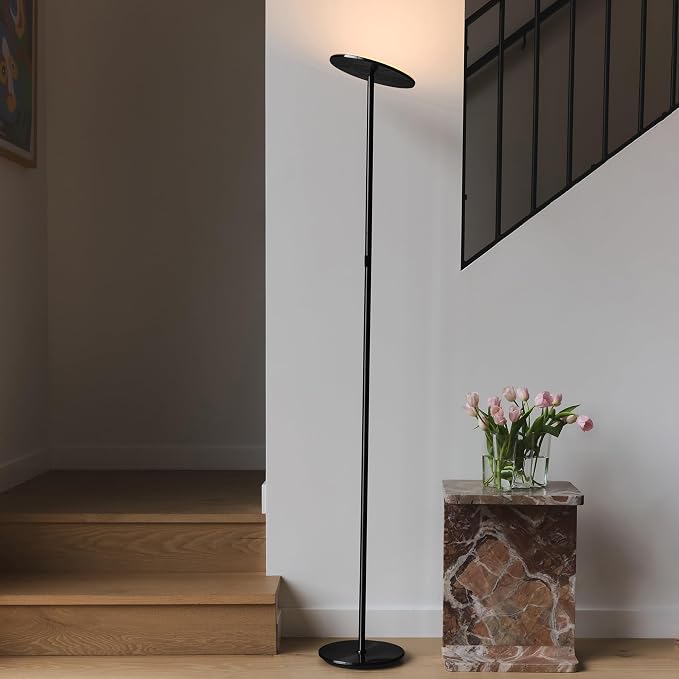 Brightech Sky LED Floor lamp, Torchiere Super Bright Floor Lamp for Living Rooms & Offices - Dimmable, Tall Standing Lamp for Bedroom Reading - Black Chrome