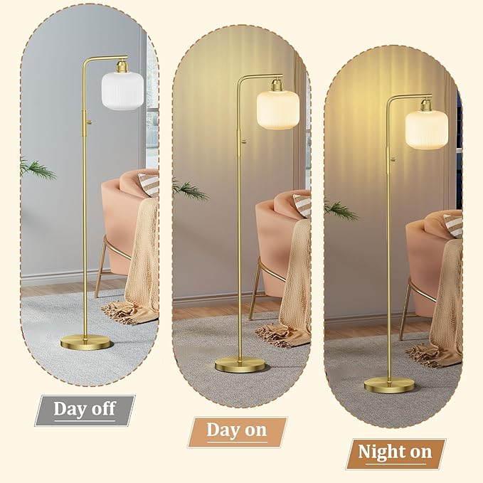 Glass Floor Lamp for Living Room, Modern Standing Lamp with White Glass Lampshade & Brushed Gold, Stepless Dimmable and Rotary Switch, 66” Tall Lamp & White Floor Lamp for Bedroom Study Room