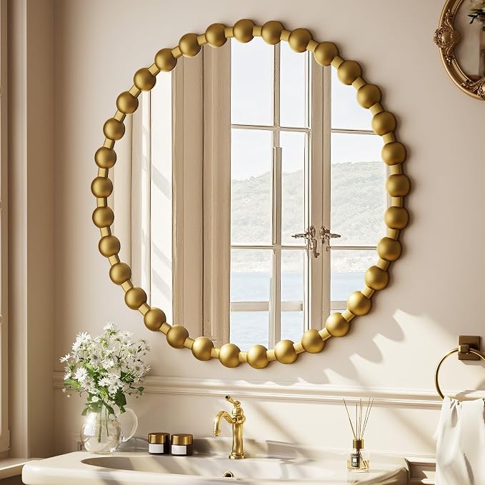 Easly Round Mirror for Wall, 28 Inch Gold Beaded Frame Decorative Vanity Mirror, Circle Bathroom Mirror with High-Definition Lense, Modern Wall Decor for Bathroom, Living Room, Bedroom, Entryway