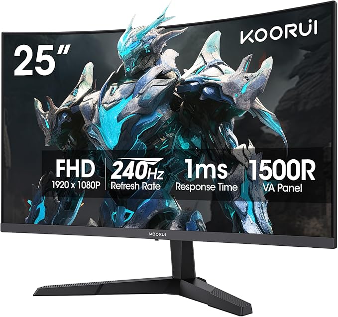 KOORUI 25 Inch Curved Gaming Monitor 240Hz FHD 1080P Computer Monitor, 1500R 1ms MPRT Display, Adaptive Sync, 90% DCI-P3,HDR, Eye Care, Tilt Adjustable, VESA 75x75mm, Black,G2511XC