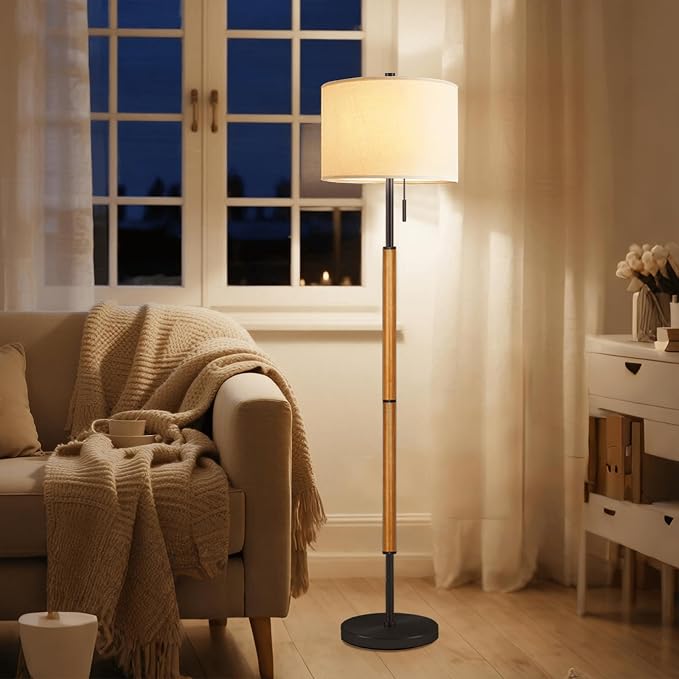 62" Brown Balck Floor Lamp for Living Room, 1200LM 3-Way Dimmable Wood Mid Century Floor Lamp for Bedroom Office, Wood Tall Lamp Linen Lampshade, LED Bulb Included