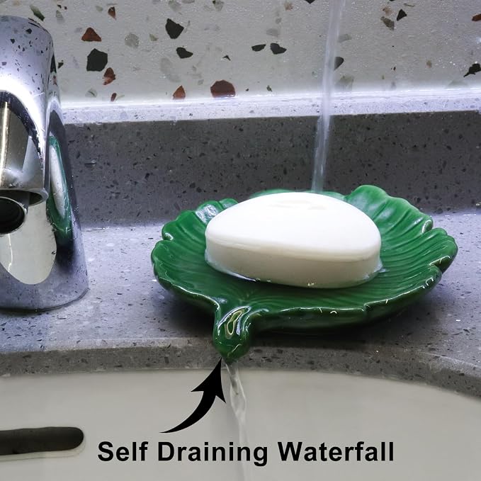 Elegant Bathroom Soap Dish,Ceramic Soap Dish Holder in Palm Leaf Style,Self-Draining Design for Bathroom