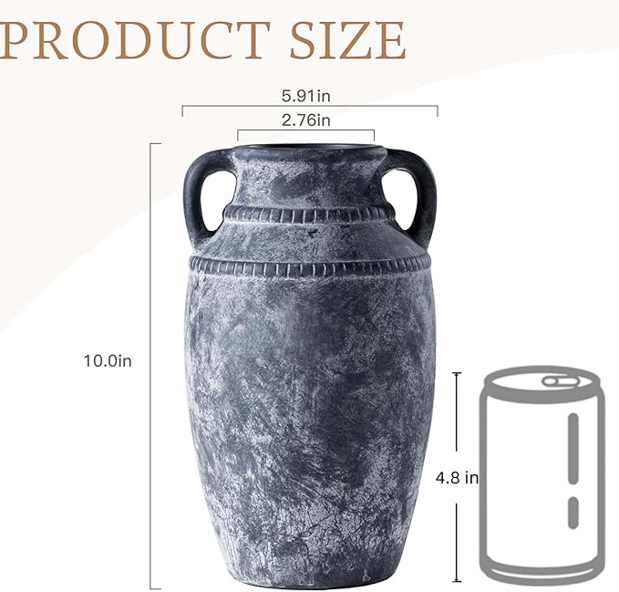 Farmhouse Rustic Ceramic Vase with Handles, 11 inch Gray-White Textured Modern Terracotta Vintage Vases for Home Decor Centerpieces Table Pottery Barn Furniture Decorative (Tall - C)