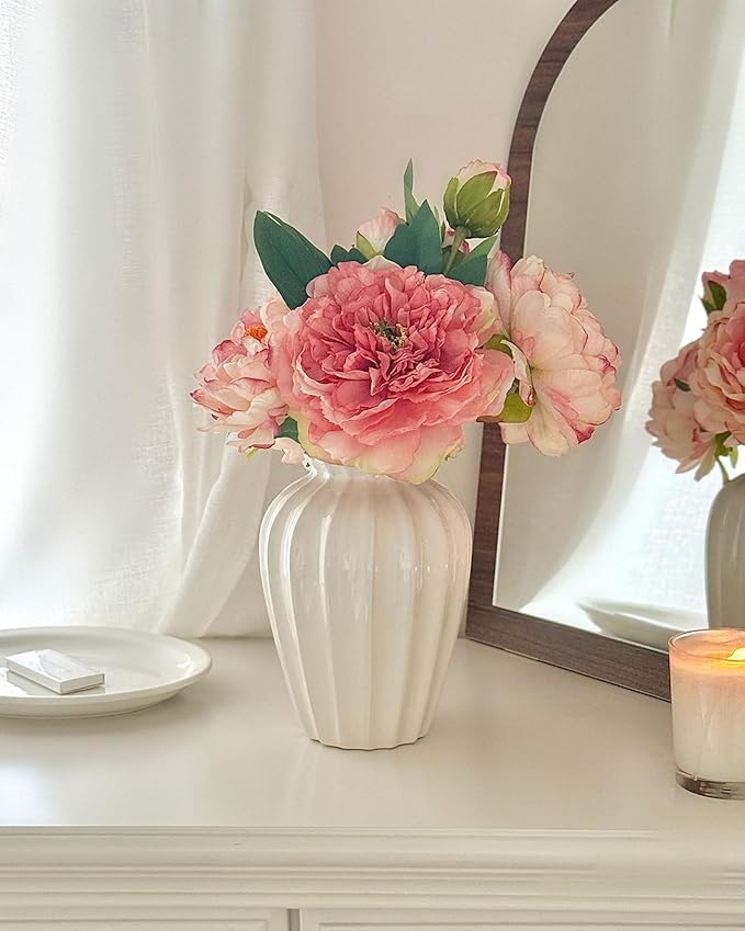 White Ceramic Vase, 7.87 Inch Flower Vase for Bouquet, Minimalist Modern Home Decor for Centerpieces, Cabinet, Living Room, Table, Bathroom