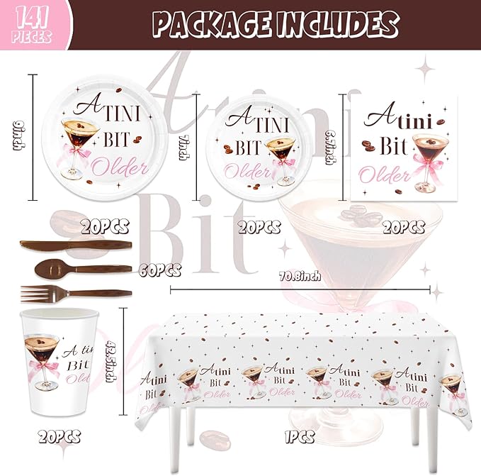 141pcs Espresso Martini Birthday Party Decorations A Tiny Bit Older Supplies Espresso Martini Plates Napkins Forks Knives Straws Tablecloth Cups for Women Martini Bachelorette Bridal Shower Supplies