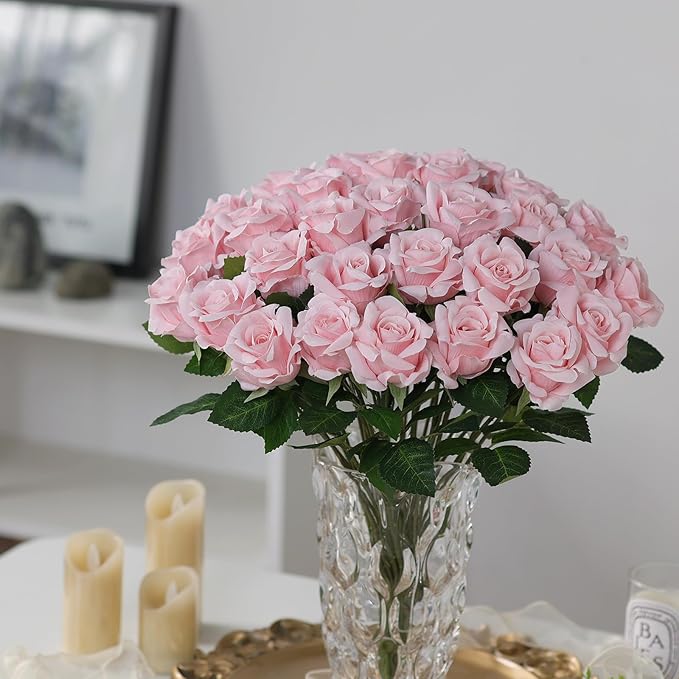 FOTEEWL 60 Pcs Artificial Rose Flower Realistic Faux Silk Roses Stem Fake Roses Bouquet for Flower Arrangement,Wedding Centerpieces,Party,Home Decorations (Pink)