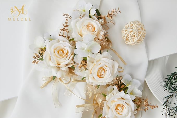 Meldel Champagne Boutonniere for Men Wedding, Set of 6, Groom and Groomsmen Boutonniere for Wedding Ceremony Anniversary Party, Rustic Fall Wedding, Artificial Rose Boutonnieres Prom Suit Decorations