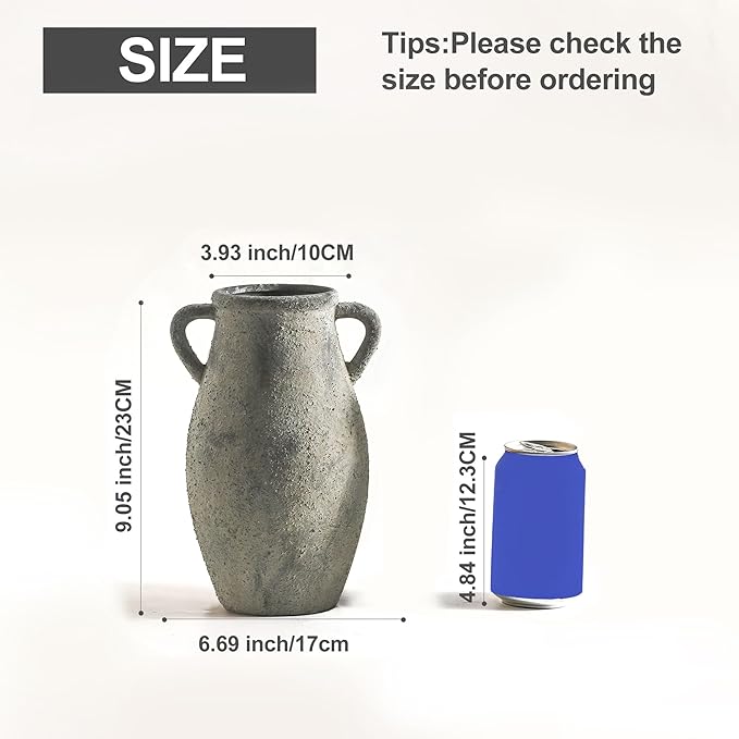 Ceramic Rustic Vase with Handle,11.3 inch Vintage Vase for Home Decor - Tall Farmhouse Flower Vase with 2 Handles, Living Room Entryway Table Centerpiece Decor