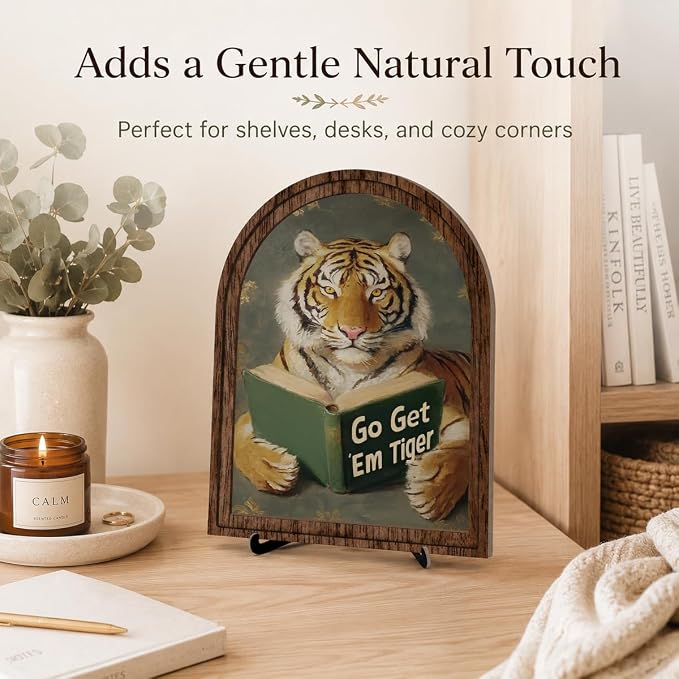Wooden Tabletop Decor Funny Reading Tiger Art for Bookshelf Desk Shelf, Rustic Arched Wooden Frame with Stand Decor, Home Office Decorative Accent for Animal Lovers