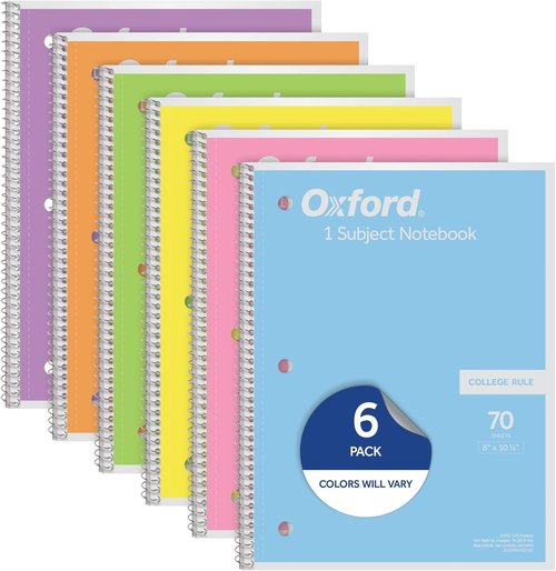Oxford Spiral Notebook - 1 Subject College Ruled - Pastel Colors, 70 Sheets, Set of 6 | 8 x 10.5 Inch