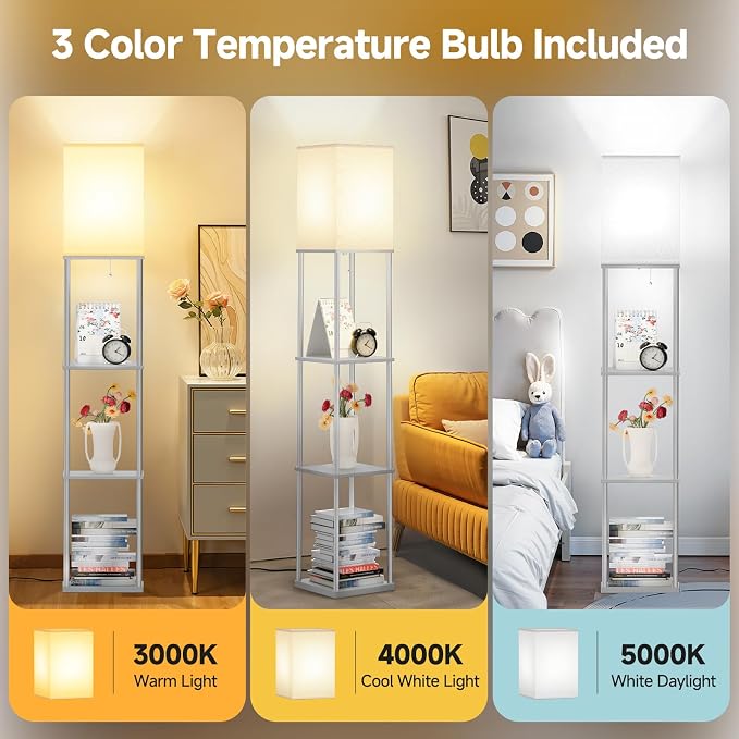 SHINE HAI Floor Lamps with Shelves for Living Room, 3-Tier Square Modern Standing Lamp with 3CCT Bulb, 11W 950LM Brightness, Tall Shelf Lamp for Bedroom, Office, Bookshelf & Display Organizer