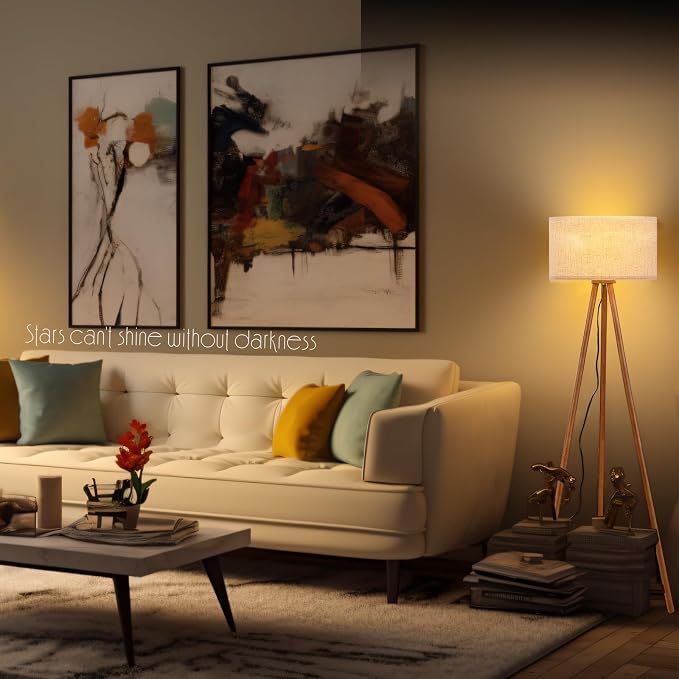 Wood Tripod Floor Lamp for Bedroom, Farmhouse Wooden Floor lamp with 3 Color Temparature LED Bulb for Living Room, Office, Footswitch,ETL Listed/Brown Wood Color