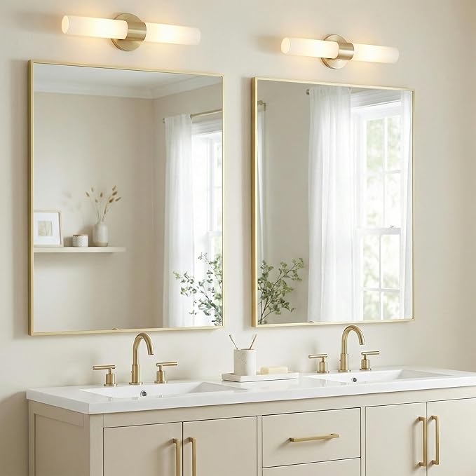 30"x36" Gold Bathroom Mirror for Wall, Shatterproof Tempered Glass, Brass Tone Rectangle Narrow Frame, H/V Wall-Mounted, Ultra-Flush