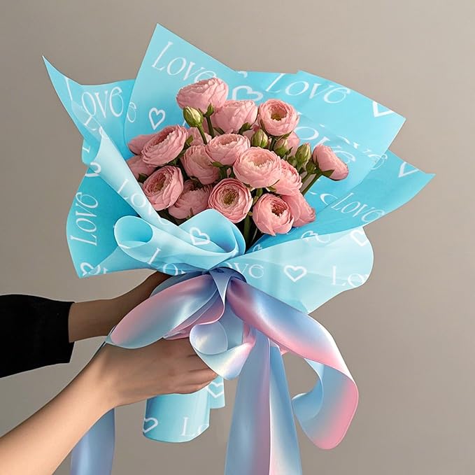 WRAPAHOLIC 20 Sheets Flower Wrapping Paper - 22.4 x 22.4 inch Blue Love with Heart Water-Resistant Floral Bouquet Wrapping Paper, Florist Supplies Packaging for Wedding Birthday Gift DIY
