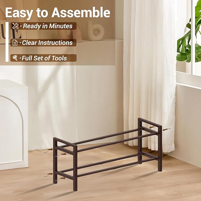 Haddockway Bamboo Shoe Rack for Closet, Free Standing Shoe Organizer with Smooth Round Rods & Convenient Handles, Stackable Shoe Storage Shelf for Entryway, Hallway(Brown, 2-Tier)