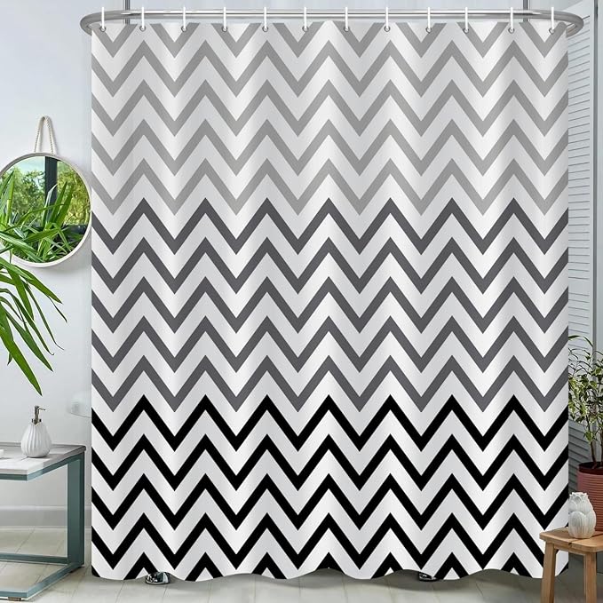 Black and White Grey Striped Shower Curtain Geometric Abstract Boho Bohemian Mid Century Modern Minimalist Shower Curtains for Bathroom Farmhouse Waterproof Fabric Shower Curtain Set 72x72 Inches
