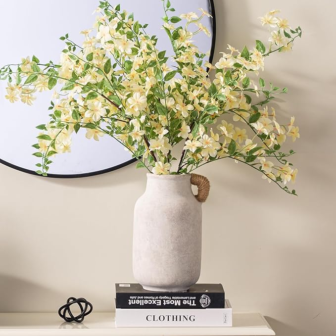 Ceramic Flower Vase Home Decor - 10.6 inch Tall Large White Rustic Table Flowers Vases with Handle Living Room Bedroom Plant Decoration Farmhouse Vintage for Kitchen Shelf Office Coffee Dining Desk