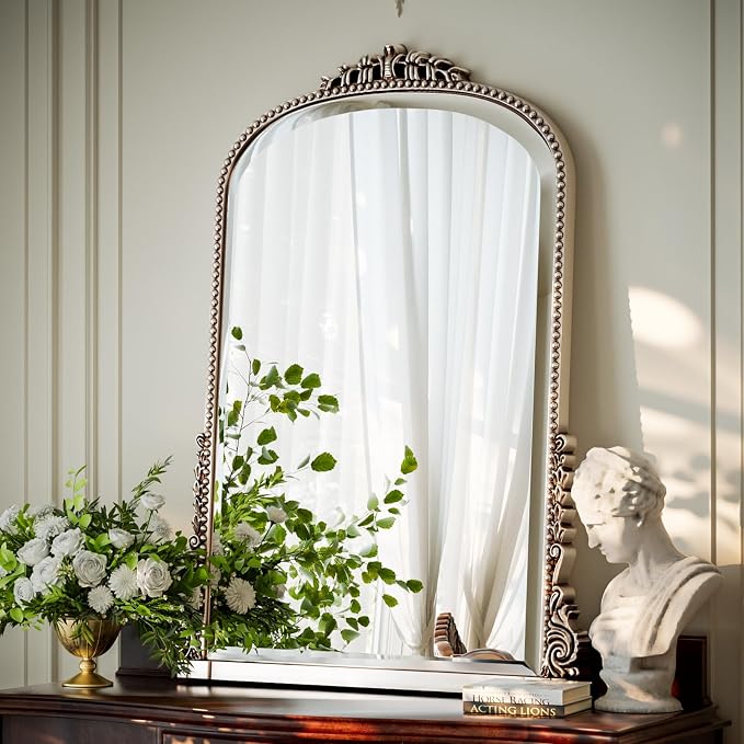 28"×40" Silver Wide Arched Wall Mirror, Vintage Carving Bathroom Vanity Makeup Mirror, as Wall Decor Hanging Leaning for Fireplace Mantle, Living Room, Bedroom, Vanity Area