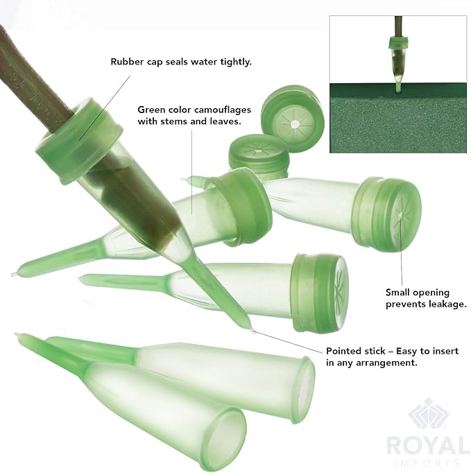 Royal Imports Floral Water Tubes with Caps – 2.5" Green Plastic Flower Vials for Single Stem Roses, Buds, Bouquets – Pointed Style, 1/2" Opening – 25 Pack