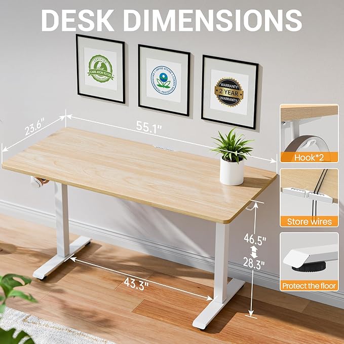 Veken 55 Inch Large Electric Standing Desk, 4 Memory Heights Adjustable,Sit to Stand Up, Work Home Office Computer Table for Study, Walking Pad, Writing, and Games, Wooden Desktop Desks, Nature Wood