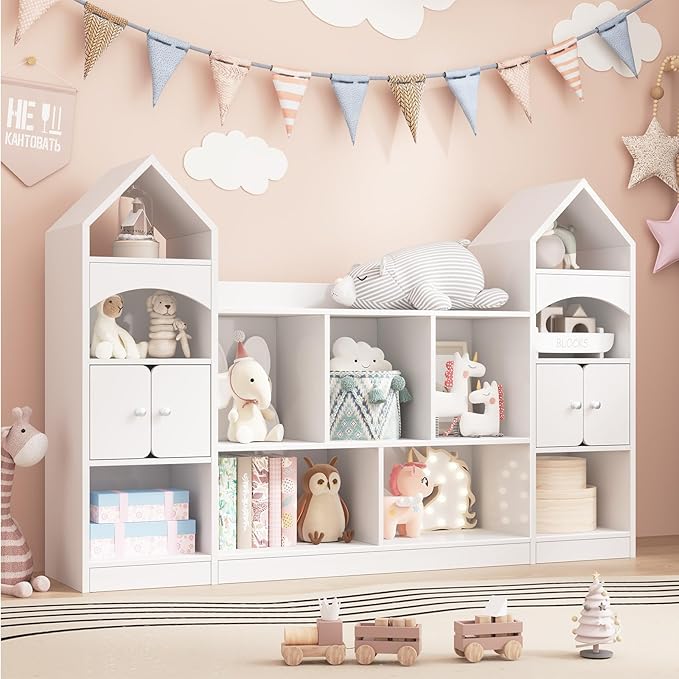 Castle Shape Children's Bookshelf, Kids Bookcase Display Case Kids Toy Storage Organizer Multifunctional Storage Cabinet Bookshelf Suitable for Playroom, Children's Room, Living Room, White