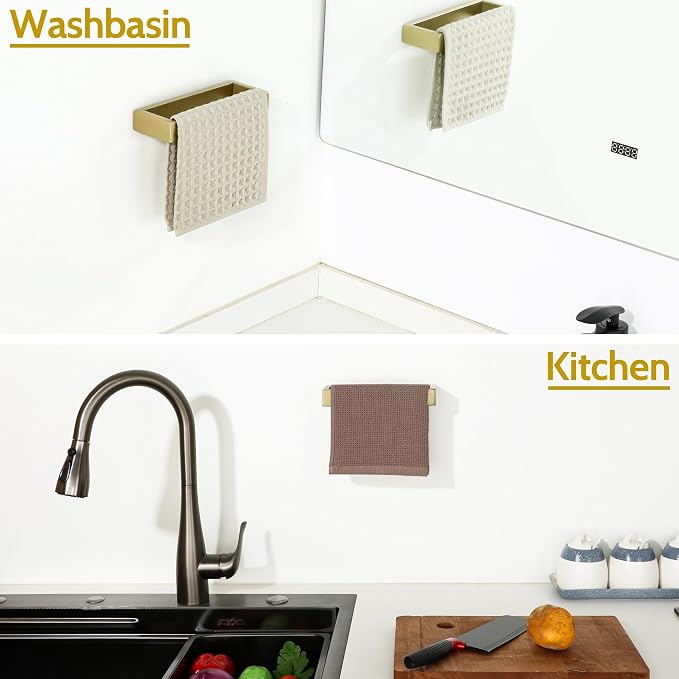 Sayayo Brushed Gold Towel Bar for Bathroom, 8 Inch Hand Towel Holder Wall Mount Square Towel Ring SUS304 Stainless Steel Towel Rack
