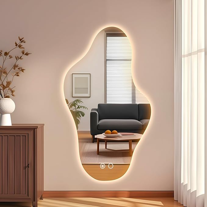 55″x31.5″ Modern Irregular LED Bathroom Mirror with Lights, Asymmetrical Frameless Smart Lighted Wall Mirror for Living Room Entryway, Large Decorative Makeup Vanity Mirror with Touch Switch