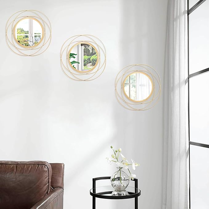 Gold 3 Set Circle Mirrors Wall Decor Wire Metal Mirror Round Mirror Home Decor Hanging Mirror for Room Bedroom Bathroom Entryway 12''