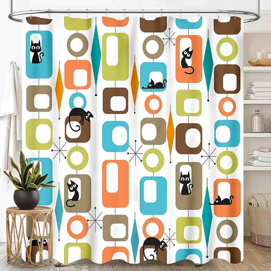 Mid Century Modern Shower Curtain, Retro Geometric Atomic Abstract Cat Pattern Middle Century 1950s 1960s Orange Waterproof Fabric Bathroom Shower Curtain Set with Hooks, 72"x84" Inch