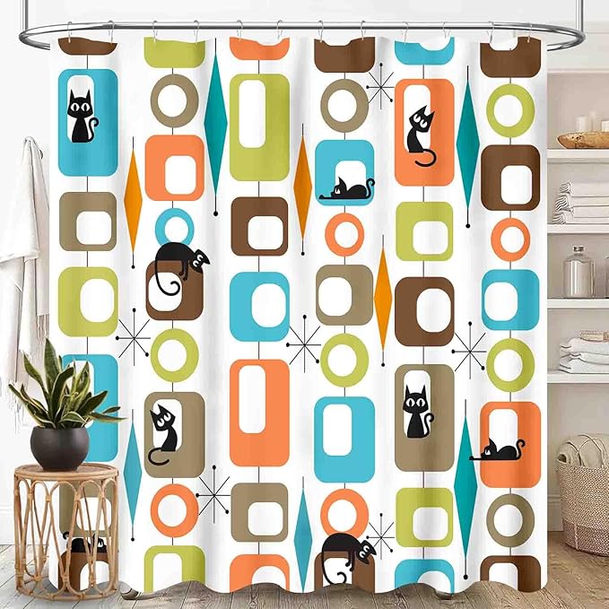 Mid Century Modern Shower Curtain, Retro Geometric Atomic Abstract Cat Pattern Middle Century 1950s 1960s Orange Waterproof Fabric Bathroom Shower Curtain Set with Hooks, 72"x72" Inch