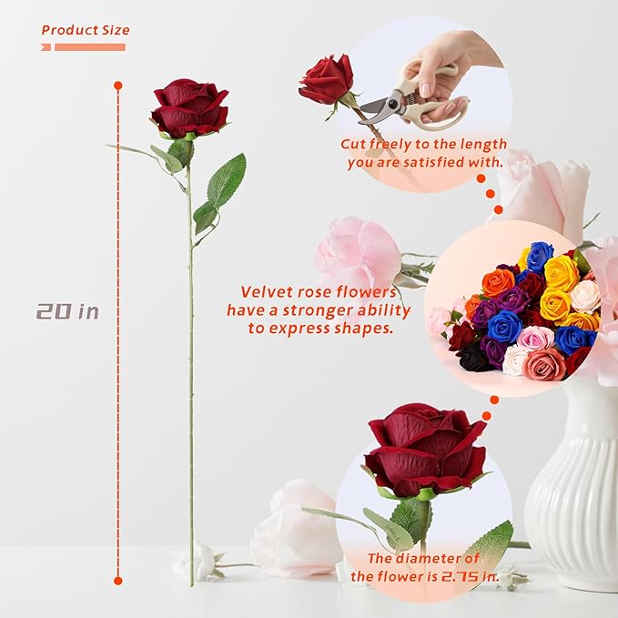 12 Pcs Artificial Rose Flowers, Dark Red Silk Roses with Long Stems, Realistic Fake Roses for Wedding Centerpiece Party Home and Office DIY Decor