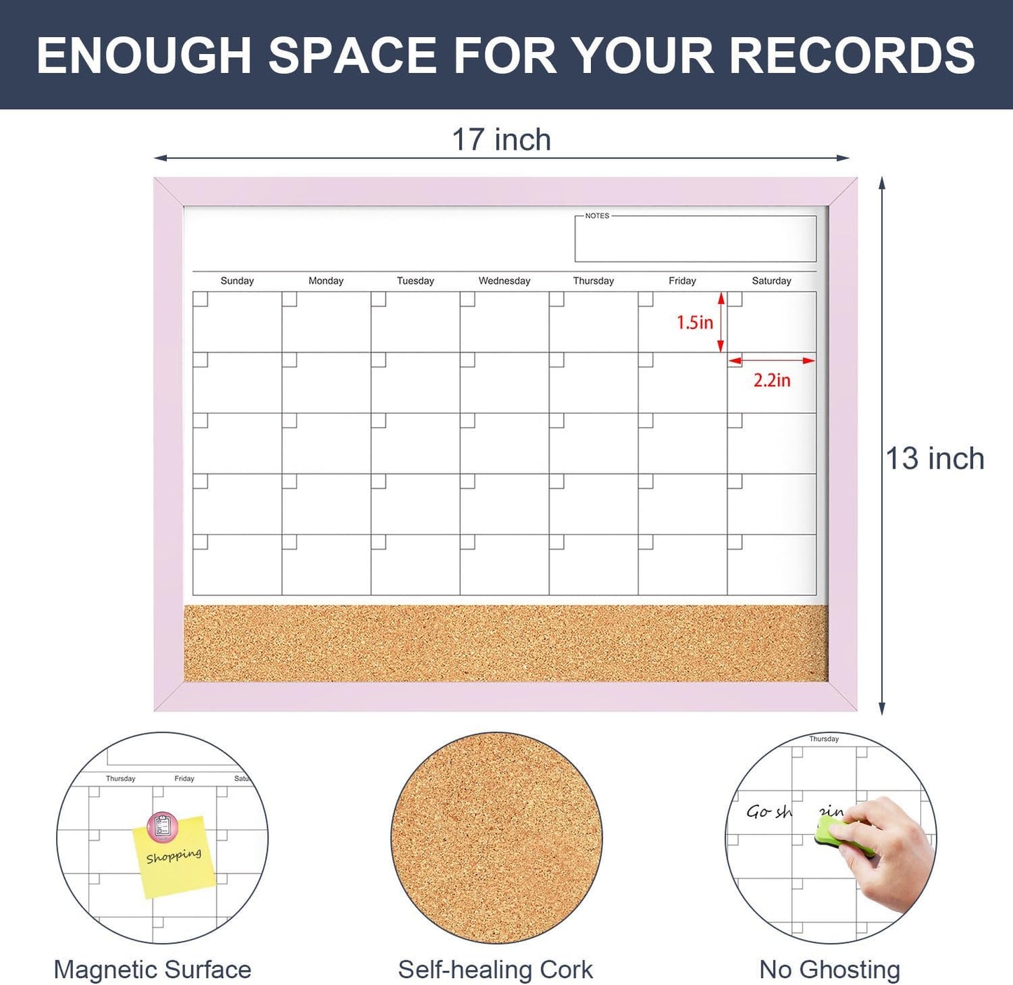 Skiennix Dry Erase Calendar Cork Board Combo - 17x13 Inch Magnetic Whiteboard with Pink Frame for Home & Office Planning
