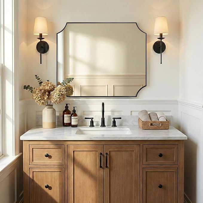 ANDY STAR 30x40 Inch Bathroom Mirror, Black Bathroom Mirror for Over Sink, Unique Rectangle Wall Mirror, Matte Black Framed Rectangular Mirror with Scalloped Edges, Ideal for Home Decor